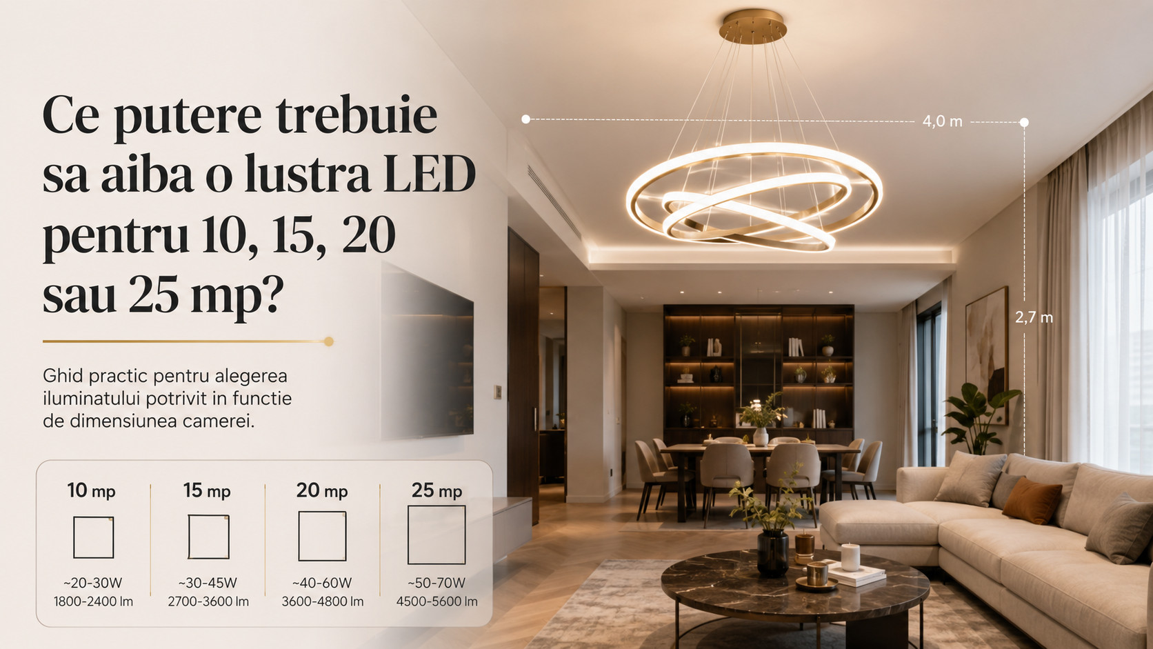 Ce putere trebuie sa aiba o lustra LED pentru 10, 15, 20 sau 25 mp?